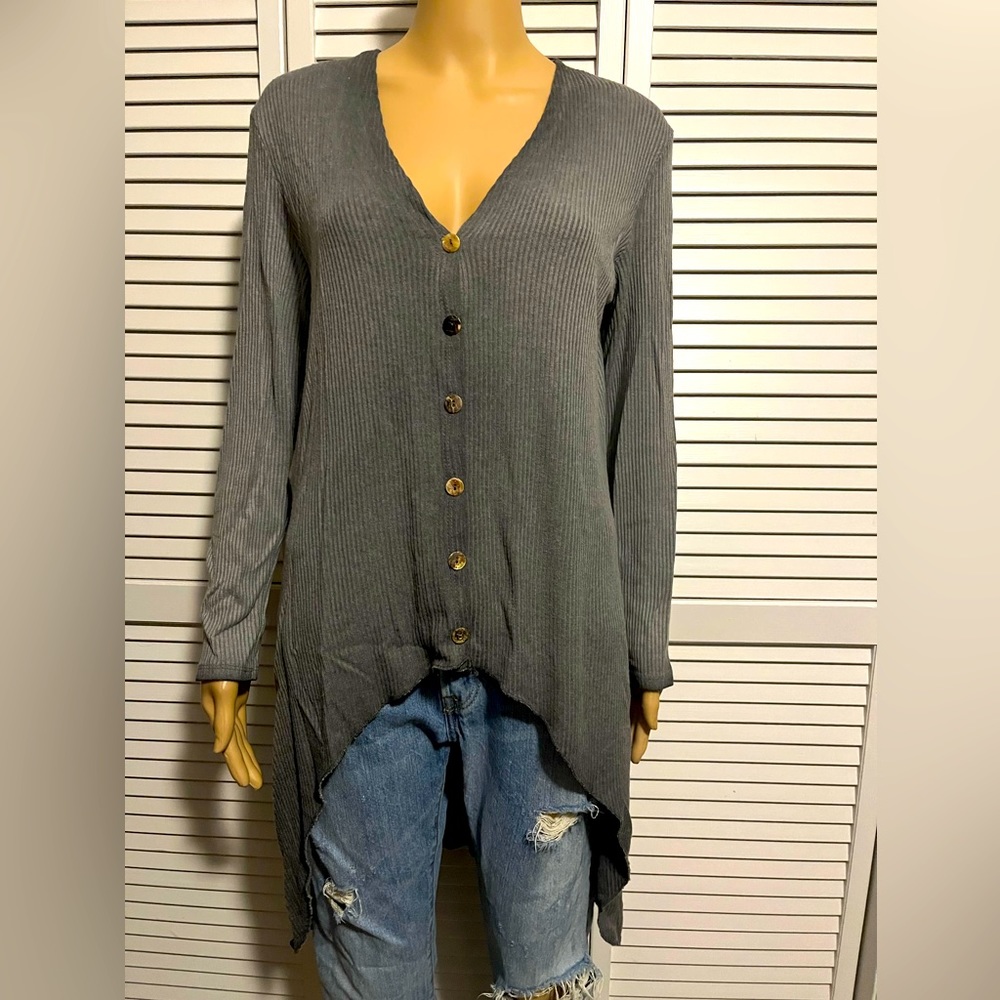 SALE Cool Belle France size S gray hi low button up sweater angel wings NWT